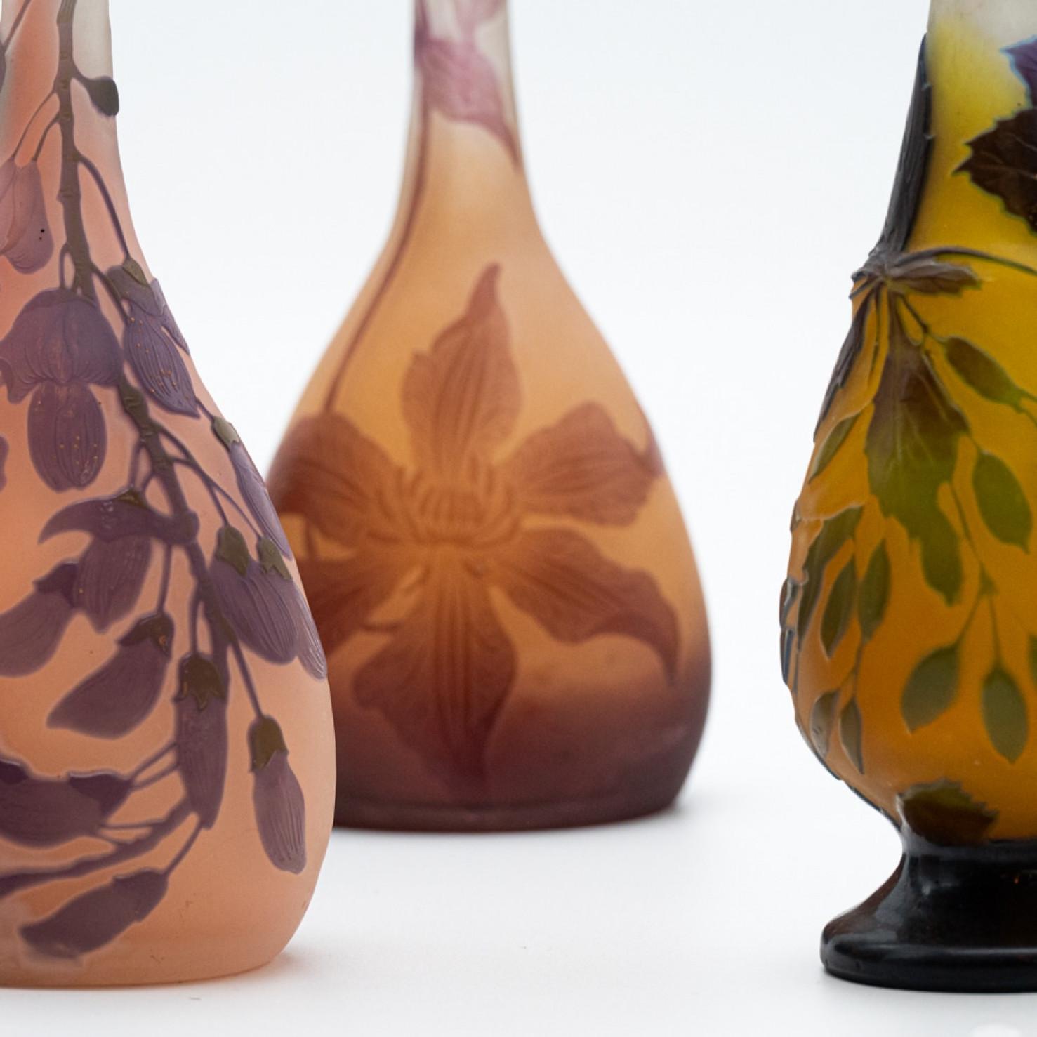Other Set of Daum and Galle Signed, Acid Etched Purple Green Pink Yellow Vases, 1910 For Sale