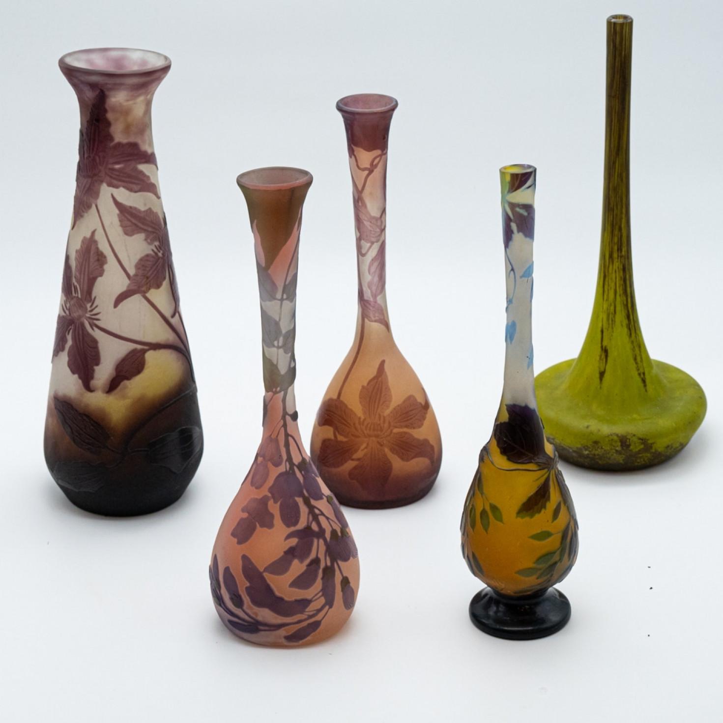 Set of Daum and Galle Signed, Acid Etched Purple Green Pink Yellow Vases, 1910 For Sale 1