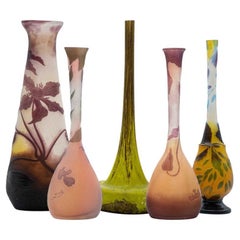 Set of Daum and Galle Signed, Acid Etched Purple Green Pink Yellow Vases, 1910