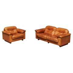 Set of De Sede DS-101 Lounge Chair and Sofa in Patinated Cognac Leather 1970s