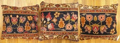 Set of Decorative Antique Indian Agra Rug Pillows with Floral Elements