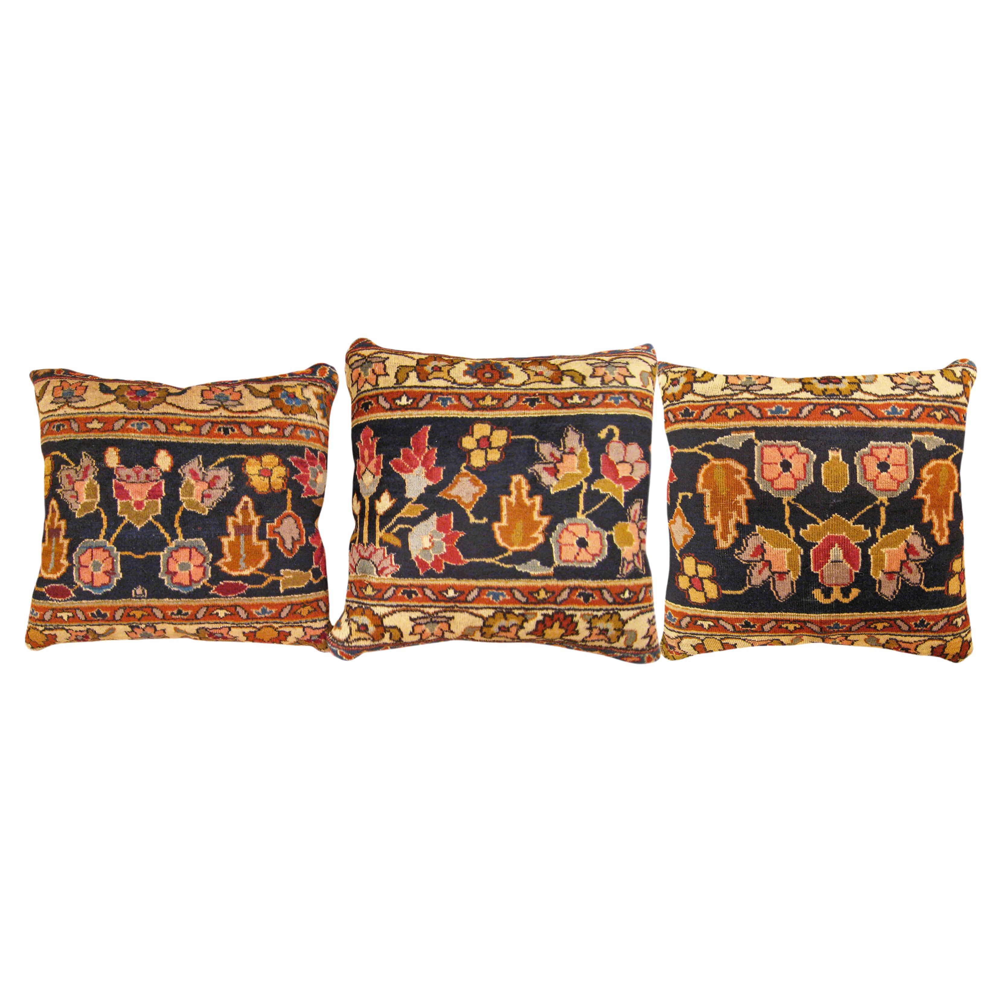 Set of Decorative Antique Indian Agra Rug Pillows with Floral Elements For Sale