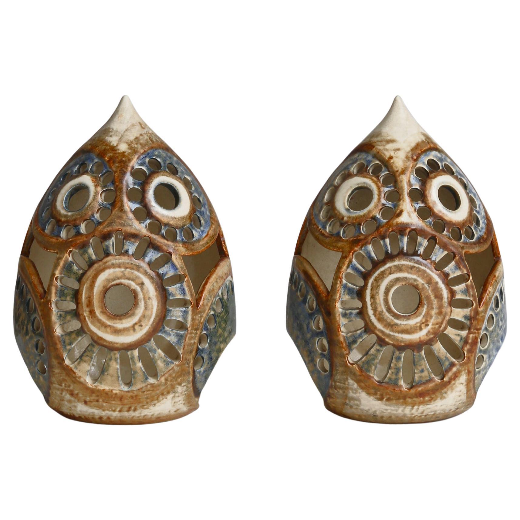 Set of Decorative Stoneware "Owl" Candle Lamps made at Søholm, Denmark, 1960s For Sale
