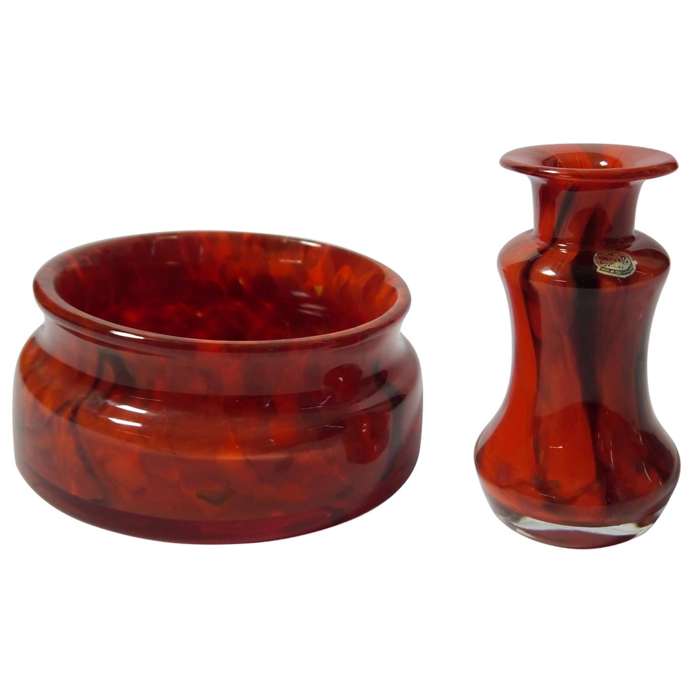 Set of deep ruby red and black art glass vase and bowl made by Bohemia Glass, Czechoslovakia 1960s. Vase features original sticker.