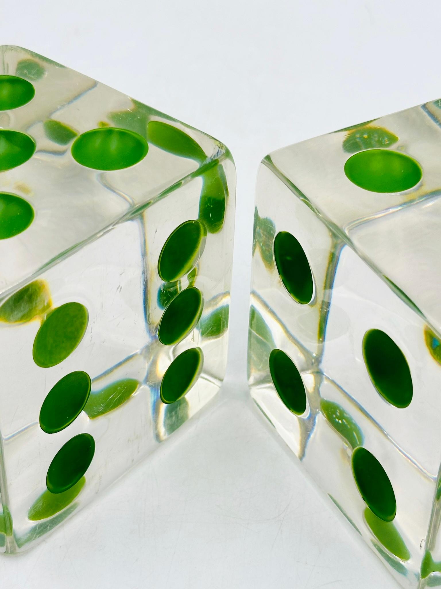Set of Dice Bookends in Lucite & Green Dots by Charles Hollis Jones 3