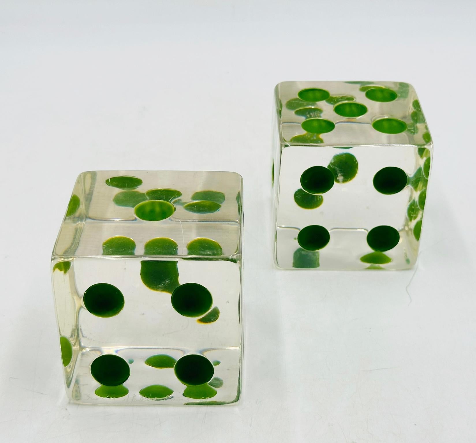 Mid-Century Modern Set of Dice Bookends in Lucite & Green Dots by Charles Hollis Jones