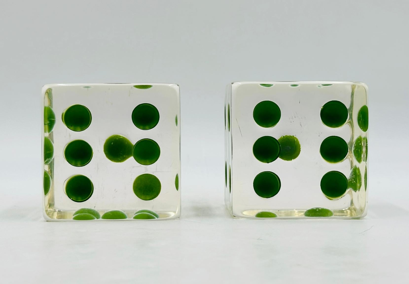 Mid-20th Century Set of Dice Bookends in Lucite & Green Dots by Charles Hollis Jones