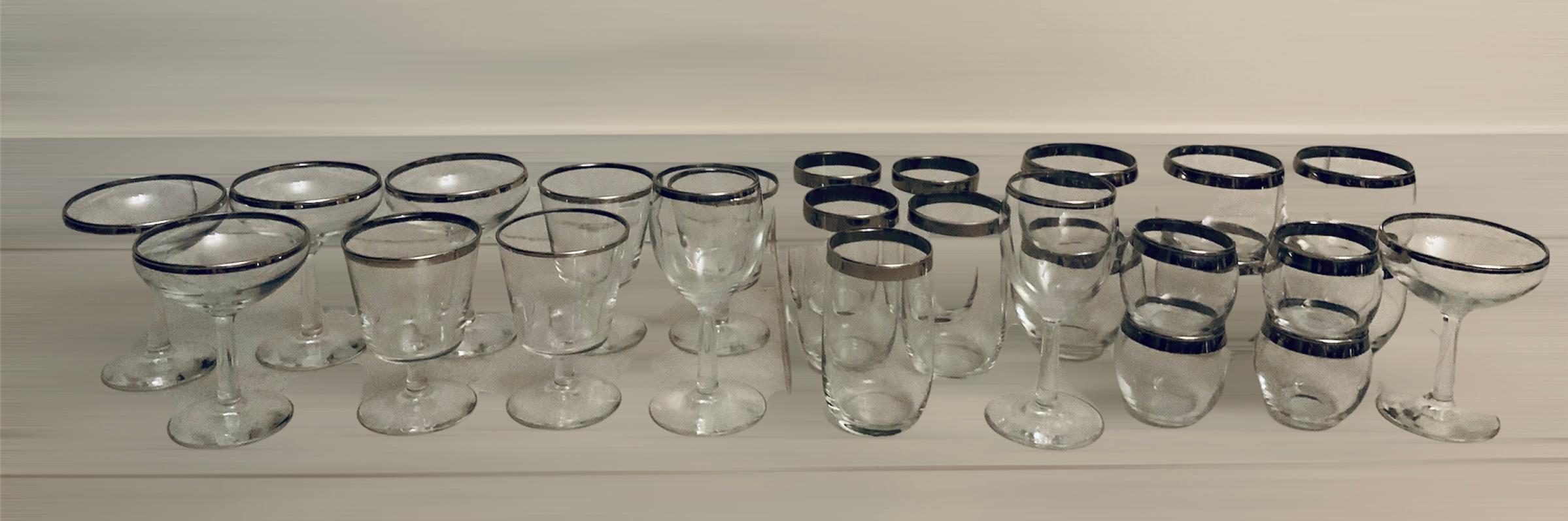 Set of Different Silver Rimmed Barware Clear Glasses 8
