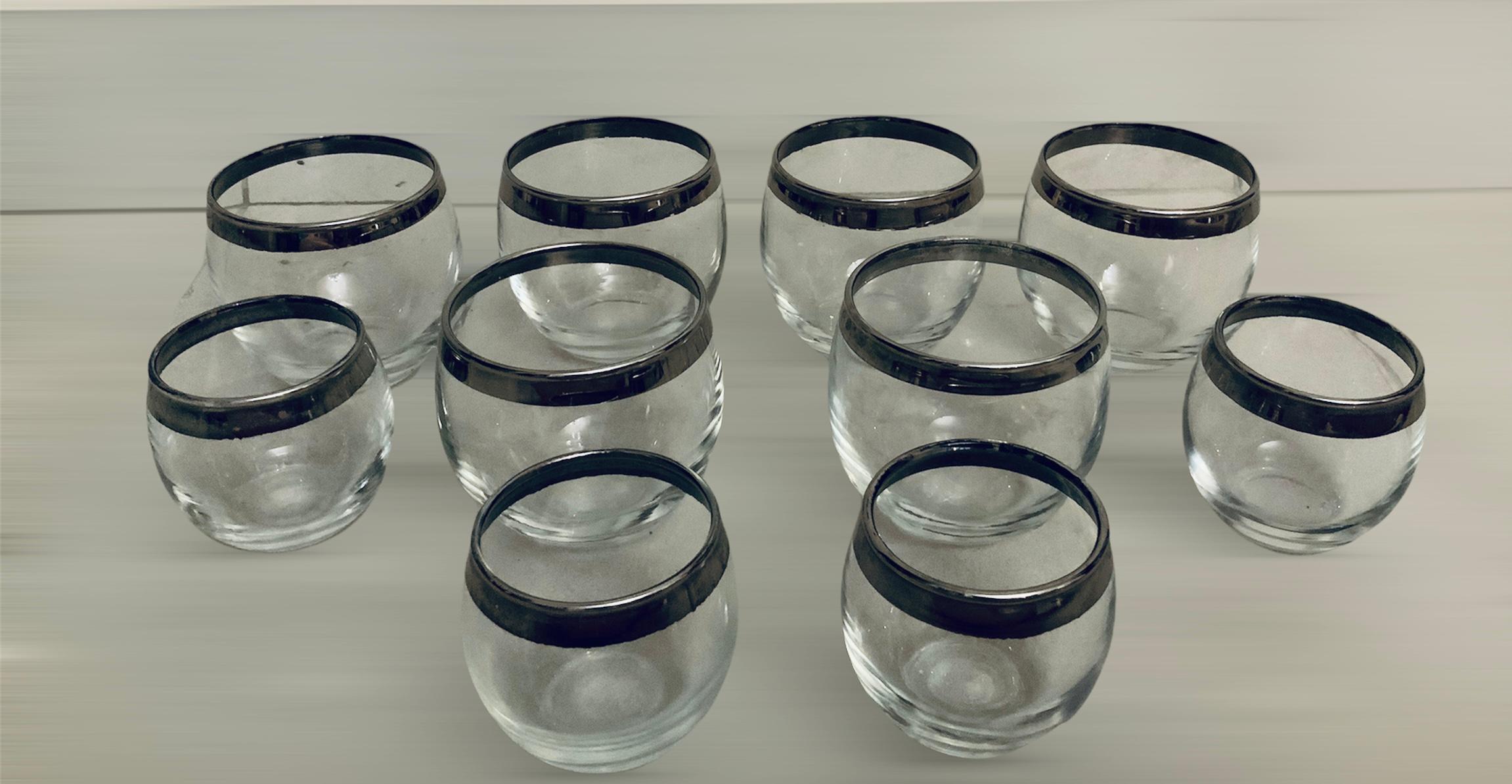 Mid-Century Modern Set of Different Silver Rimmed Barware Clear Glasses