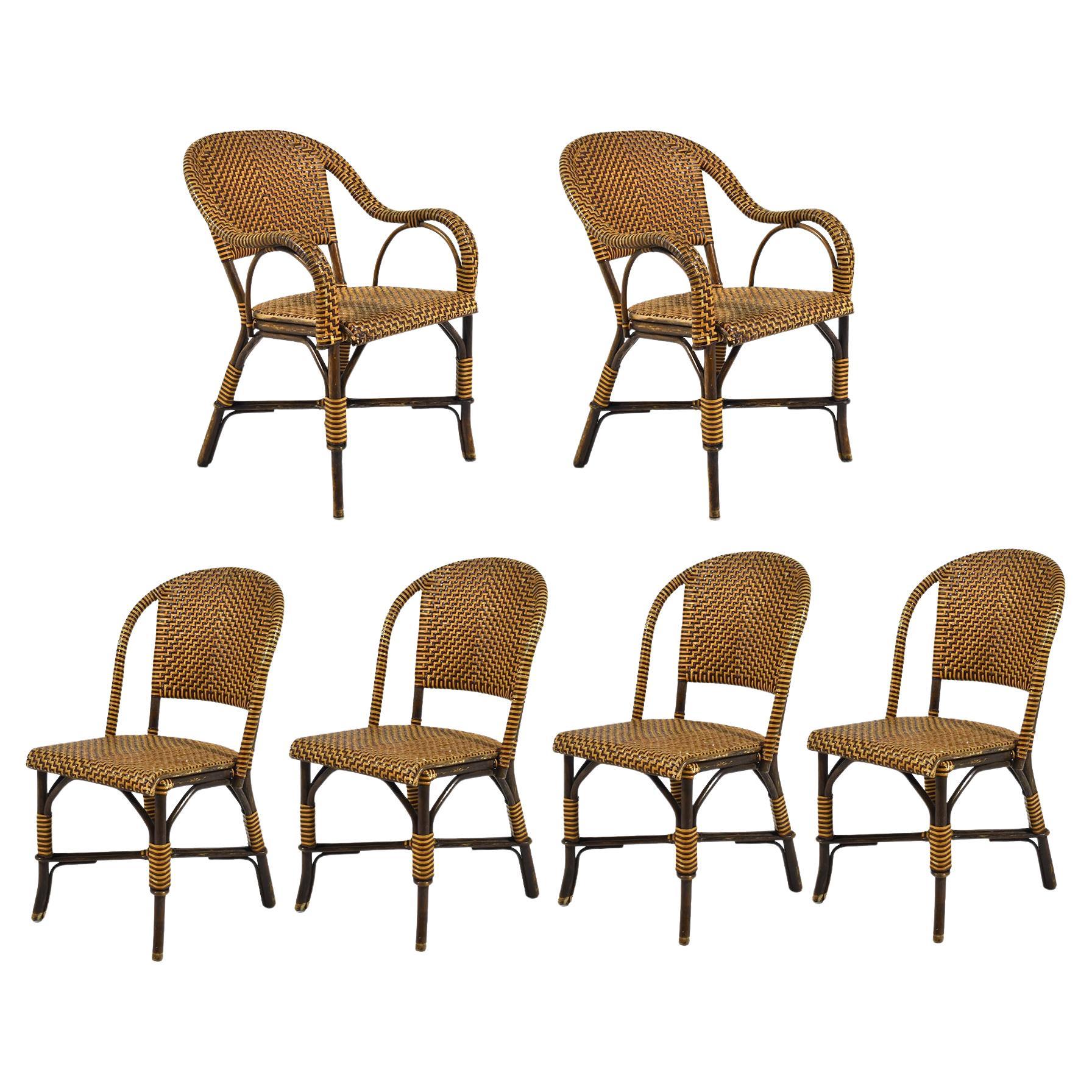 Set of Dining Chairs in Rattan and Woven Leather