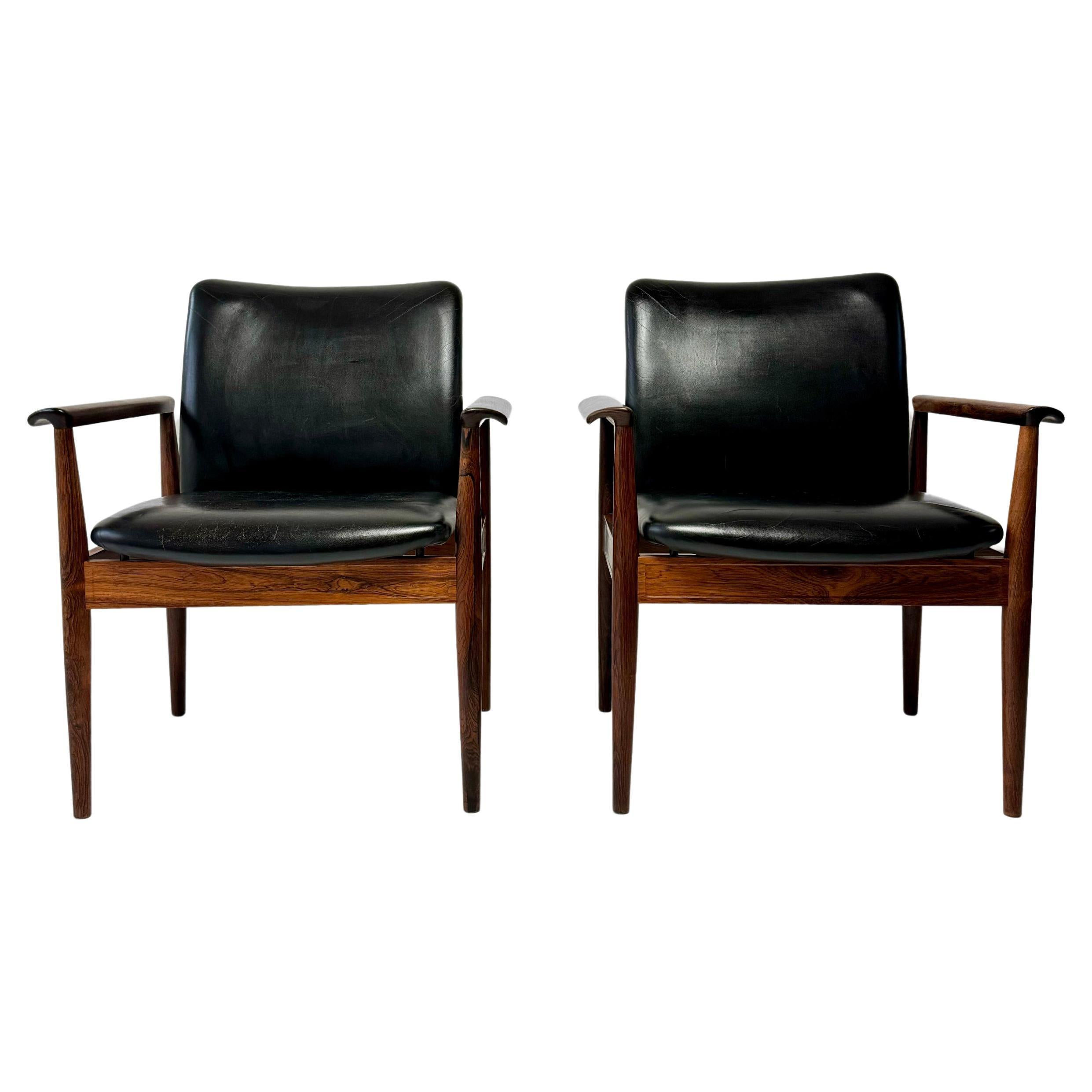 Set of Diplomat Armchairs in Rosewood and Leather by Finn Juhl, Denmark c.1960's For Sale