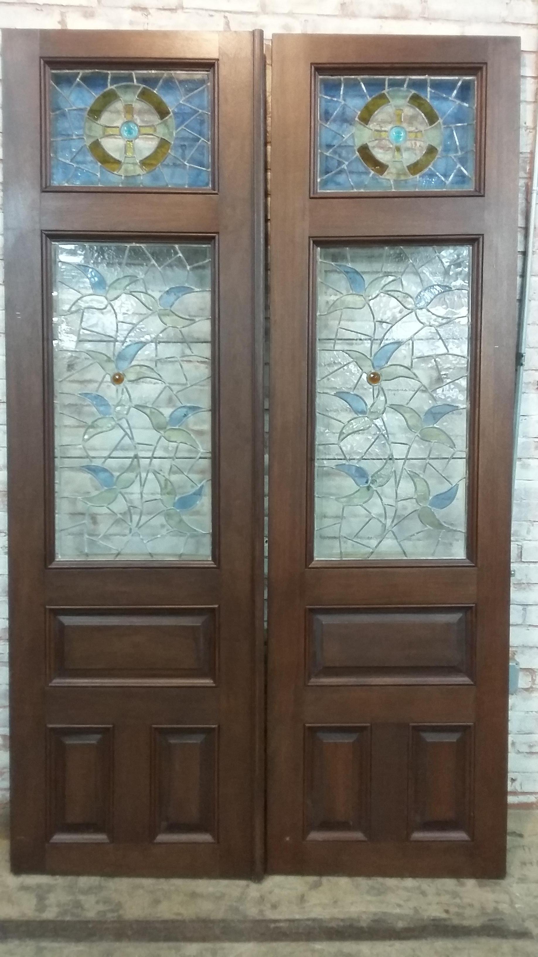 20th Century Pair of Mahogany Doors with Antique 19th Century Stained-Glass Panels