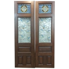 Pair of Mahogany Doors with Antique 19th Century Stained-Glass Panels