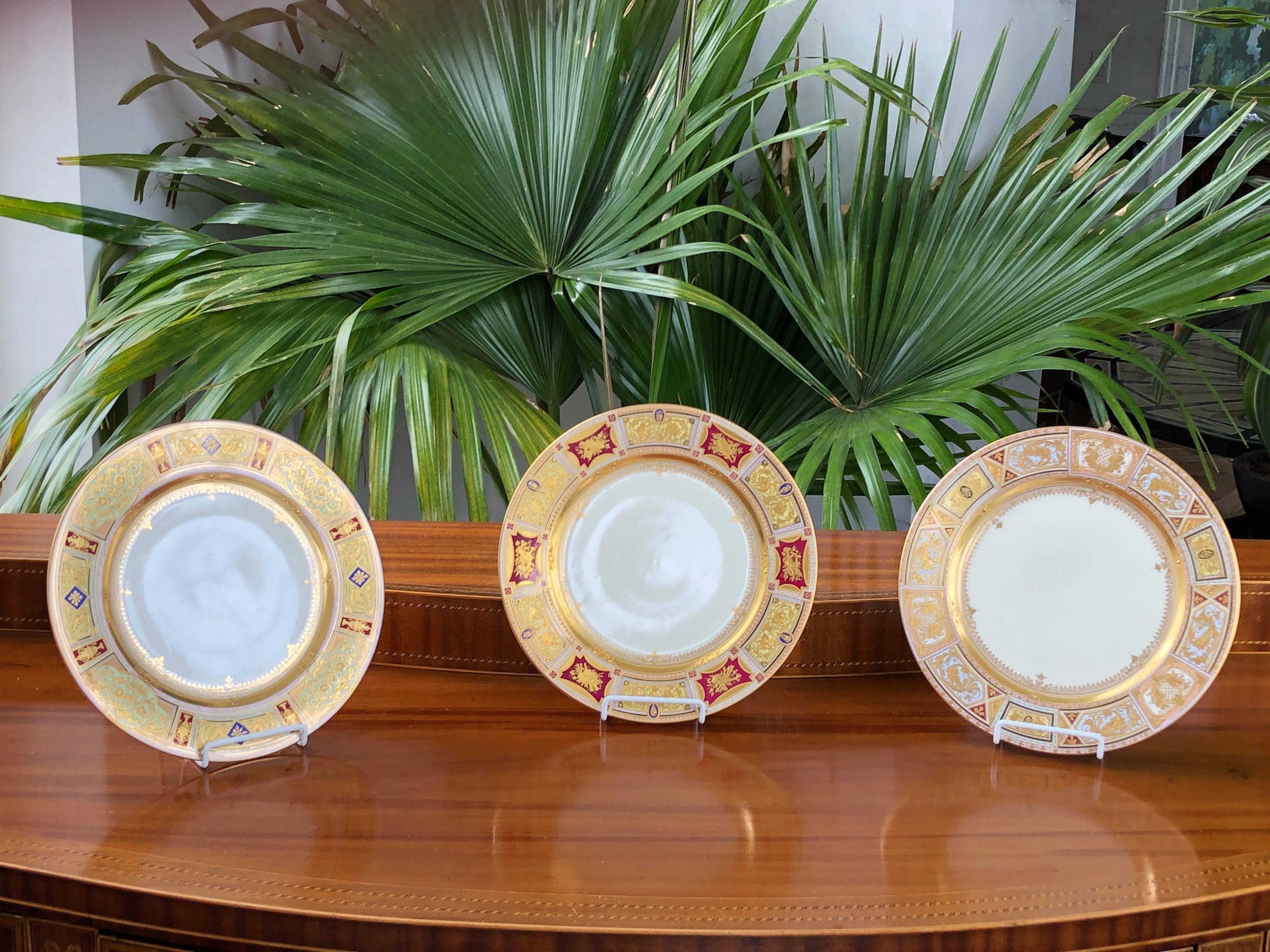 This elaborate set of Dresden cabinet plates is encrusted in 24-karat raised gold. Each plate has a slight different pattern with different jewel tones. Made in Dresden Germany (Old Saxony)
Made in Germany, circa 1935.