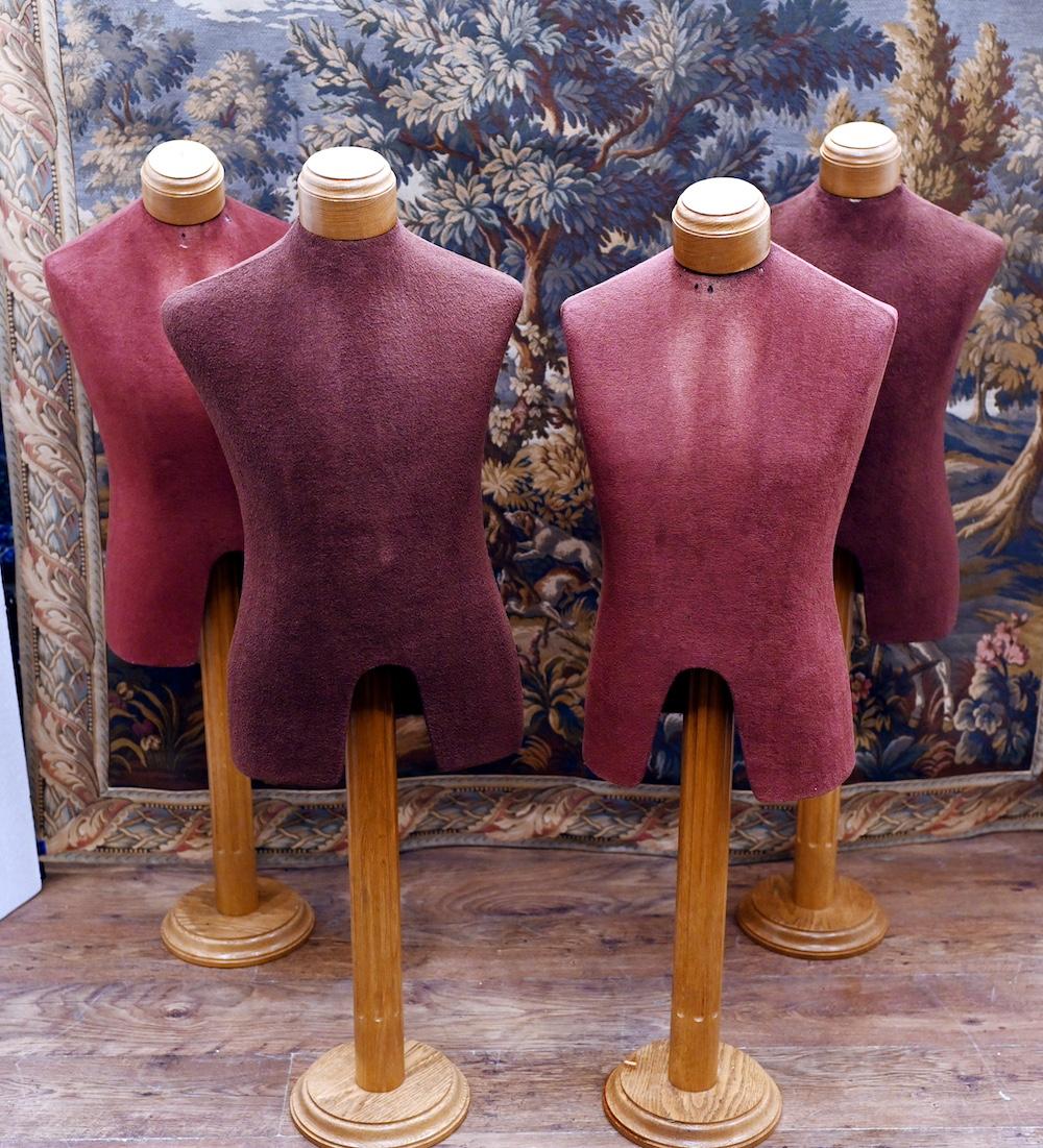 Set Of Dummy Stands Shop Mannequins Salvaged 1950

On trend set of four dummy stands or mannequins
Salvaged from a shop, great interiors piece
Dummys covered in fabric and sit on a wooden stand
Offered in great shape ready for home use right away
We