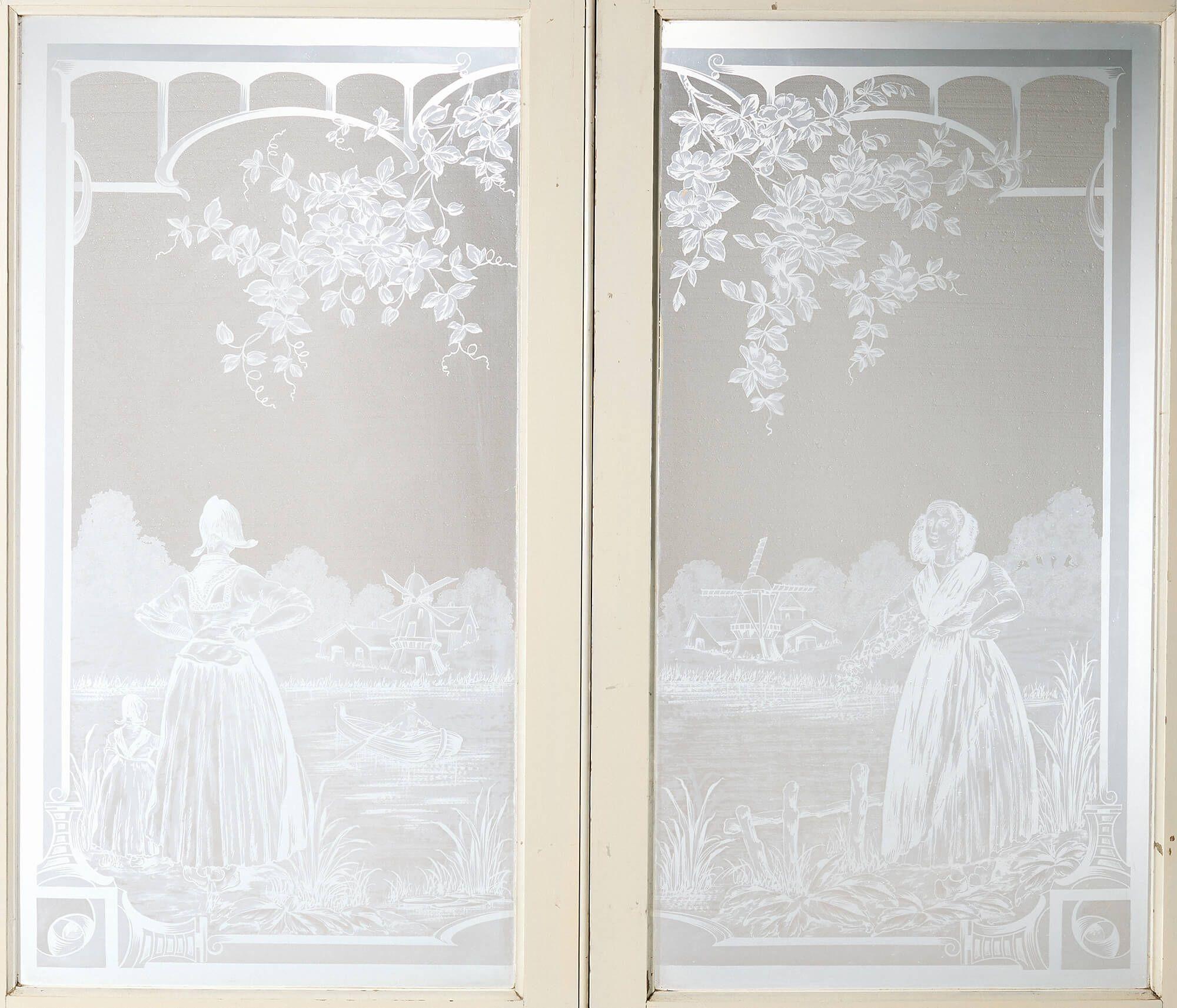 Edwardian Set of Dutch Antique Acid Etched Glass Double Doors For Sale