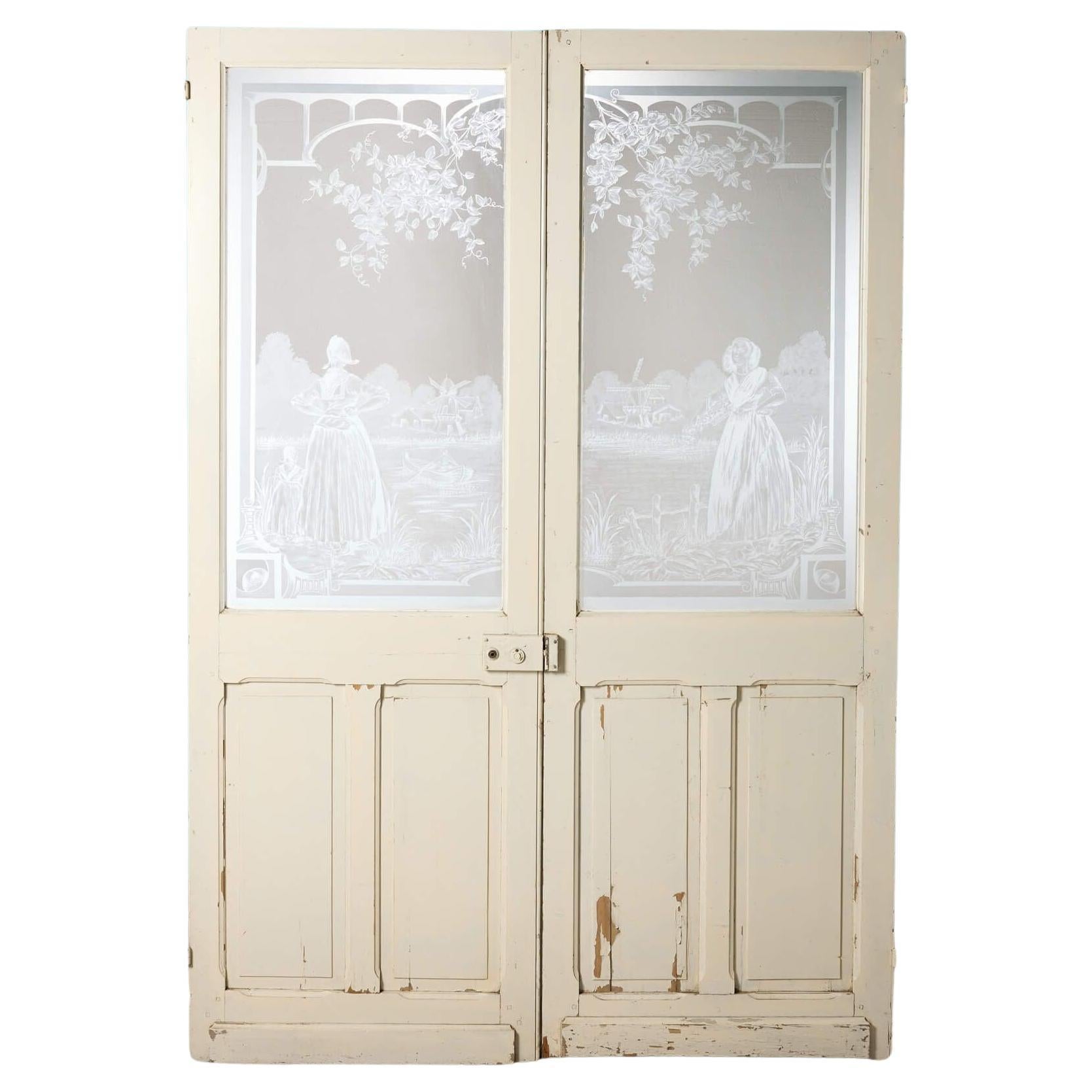 Set of Dutch Antique Acid Etched Glass Double Doors For Sale