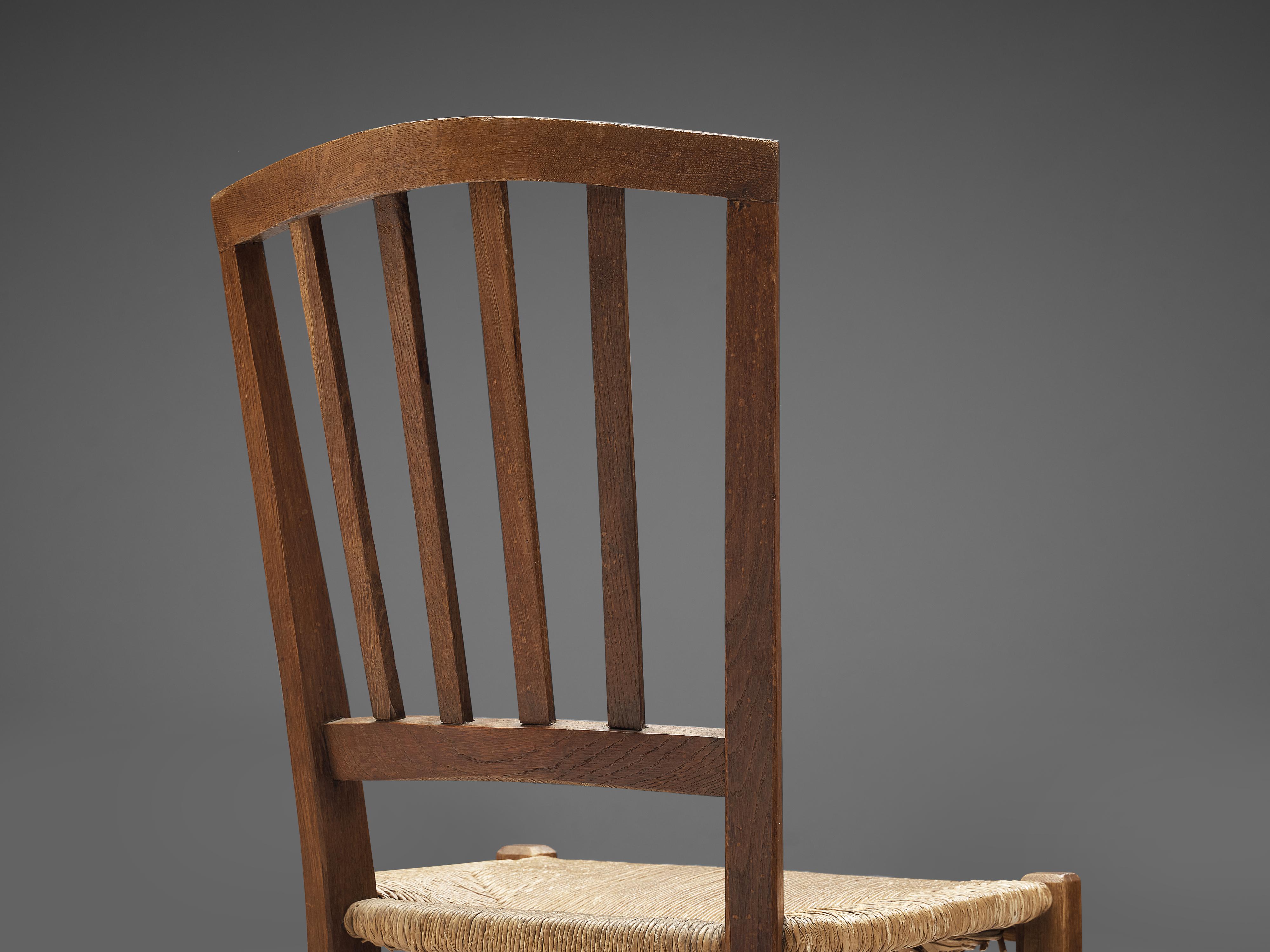Dutch Dining Chairs in Stained Oak and Paper Cord Seating In Good Condition In Waalwijk, NL