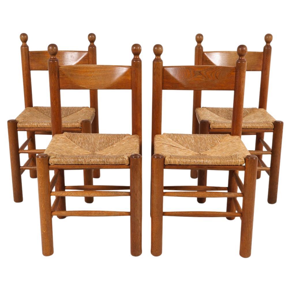Ensemble de chaises de salle à manger Brutalist en Oak Oak et Rush, Circa 1960s