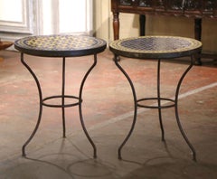 Set of Early 20th Century French Iron Bistro Tables with Round Mosaic Tops