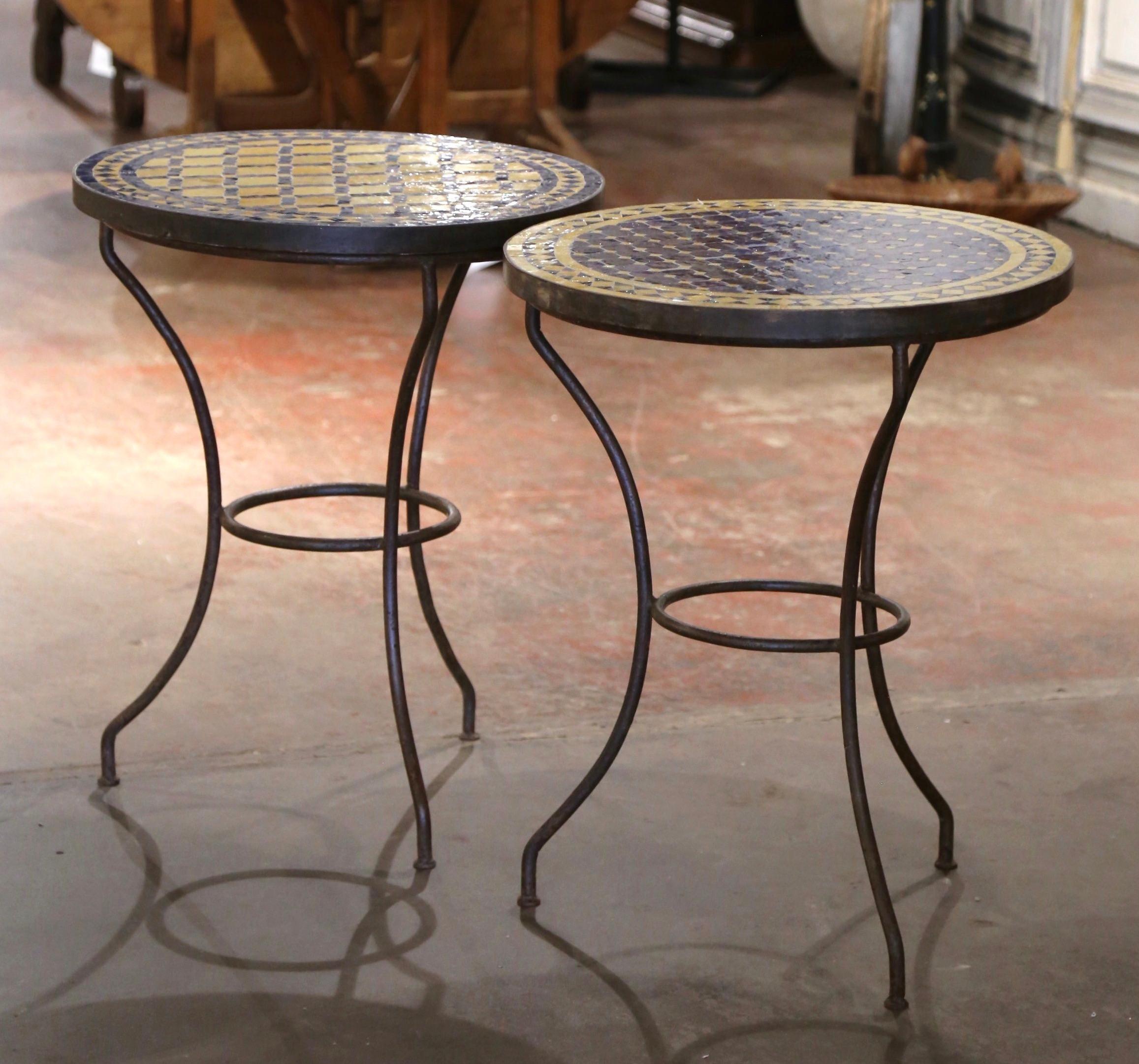 Set of Early 20th Century French Iron Bistro Tables with Round Mosaic Tops In Excellent Condition In Dallas, TX