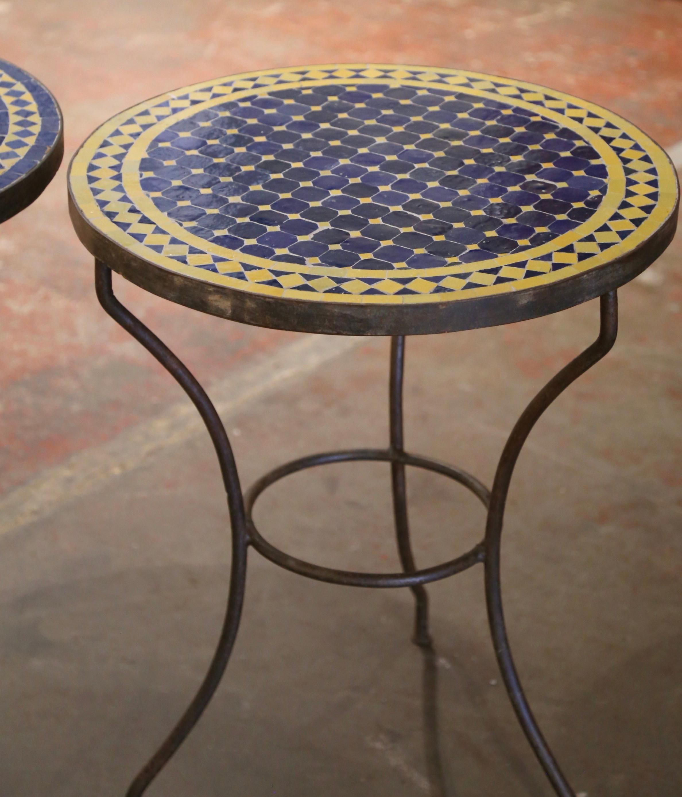 Set of Early 20th Century French Iron Bistro Tables with Round Mosaic Tops 1