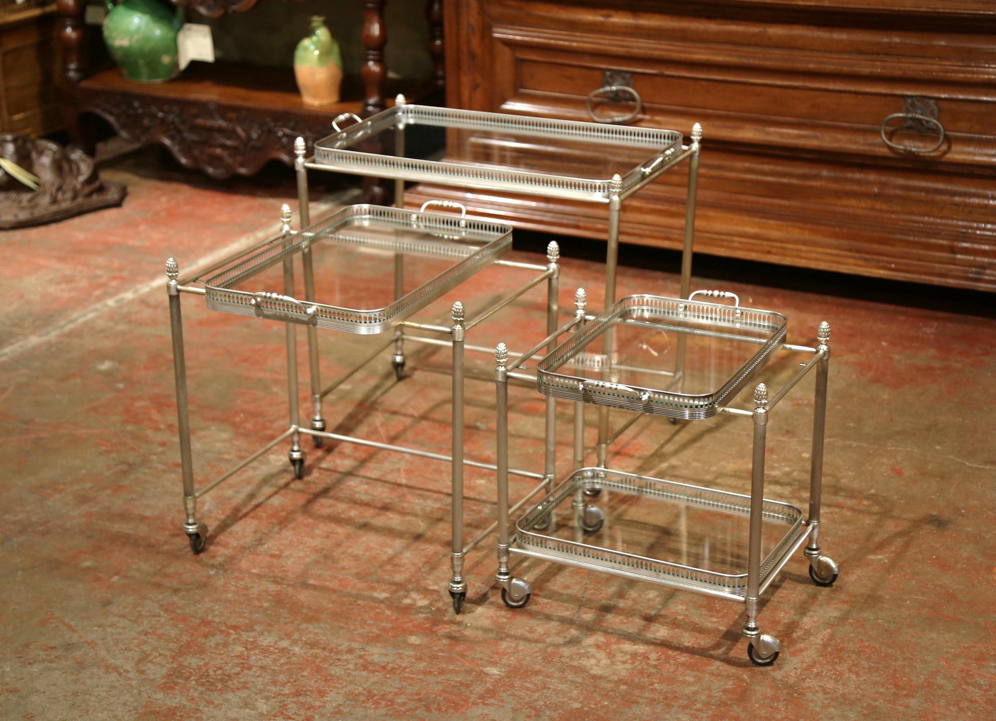 Set of Early 20th Century Silver Plated over Brass Nesting Stacking Tables In Excellent Condition In Dallas, TX