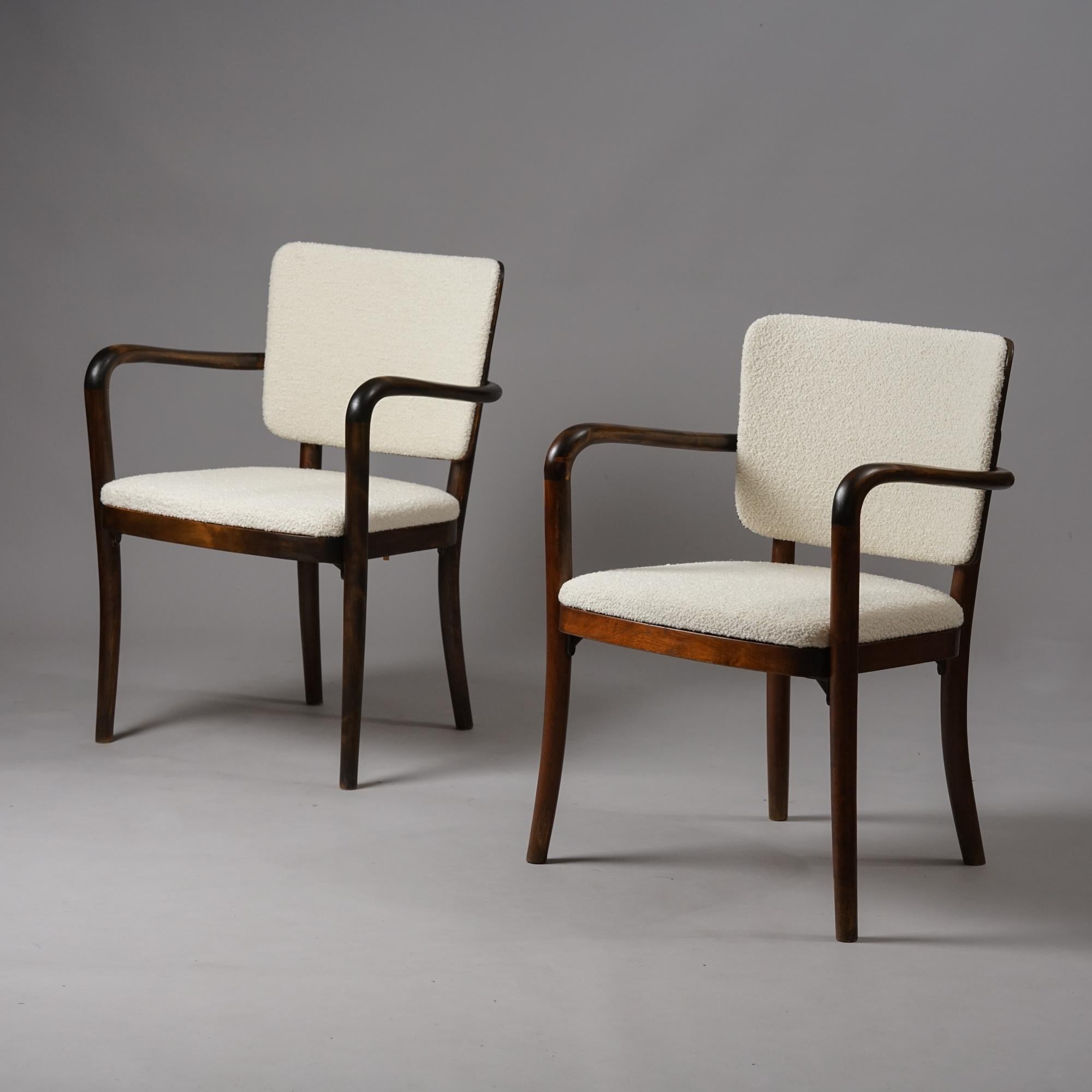 Exceptionally rare set of early Alvar Aalto armchairs for O.Y Wilhelm Schauman A.B Jyväskylä, Finland, 1939. Custom ordered for NY World's Fair Restaurant. Upholstered in quality Lauritzon's fabric.

While the design is not typical Aalto, it is