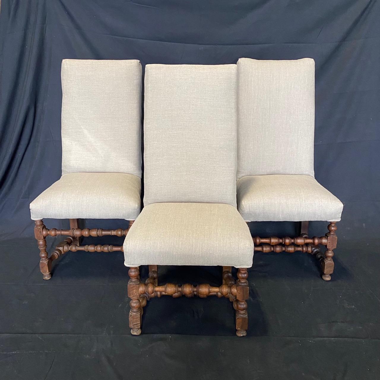  Set of Early French Louis XIII Chairs with Intricate Turnery and New Upholstery 6