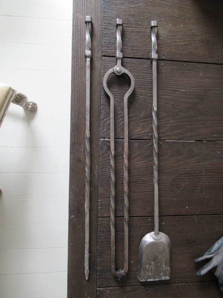 Set of Early Gothic Twisted Steel Fire Irons For Sale at 1stDibs