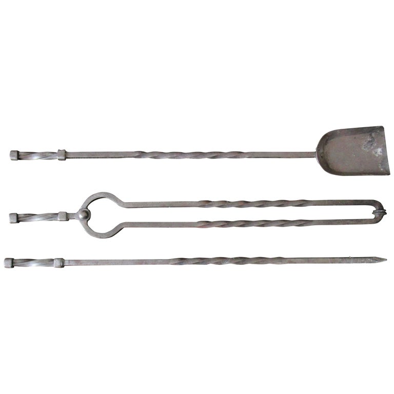 Set of Early Gothic Twisted Steel Fire Irons For Sale at 1stDibs