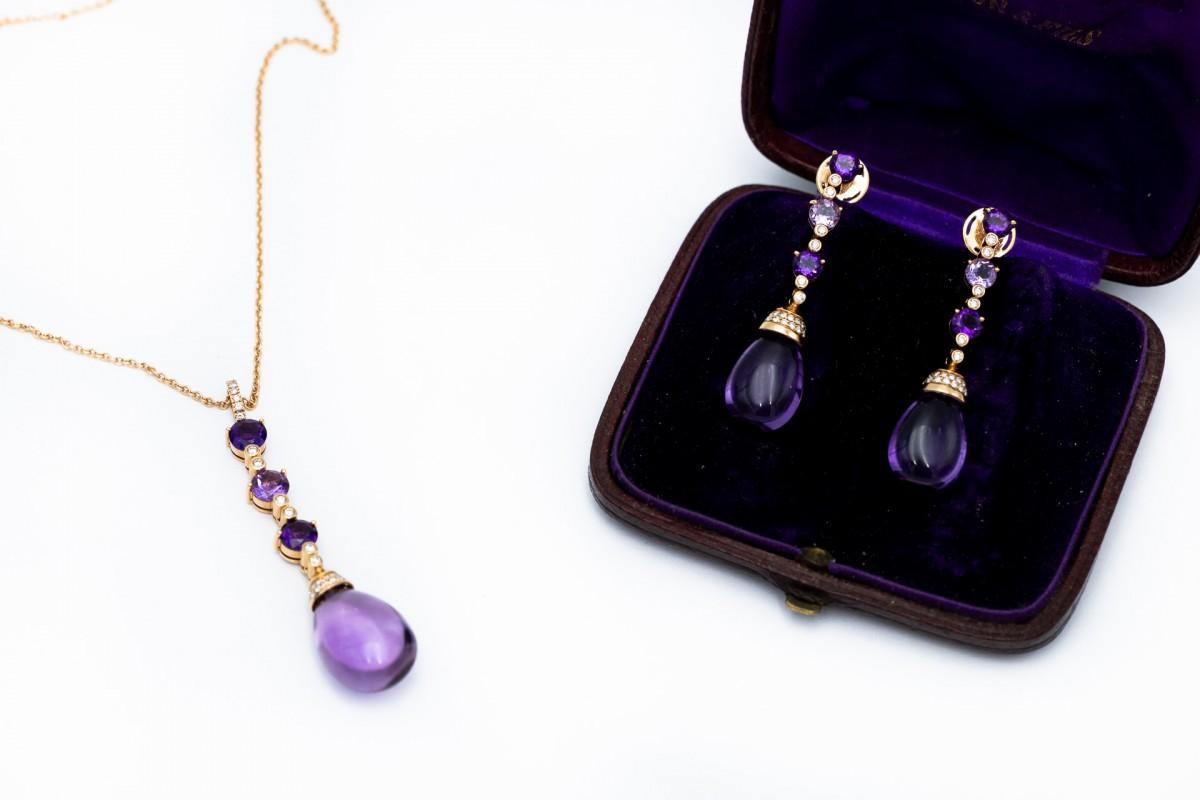Women's or Men's Set of earrings with a necklace with amethysts and diamonds, Germany, mid-20 cen