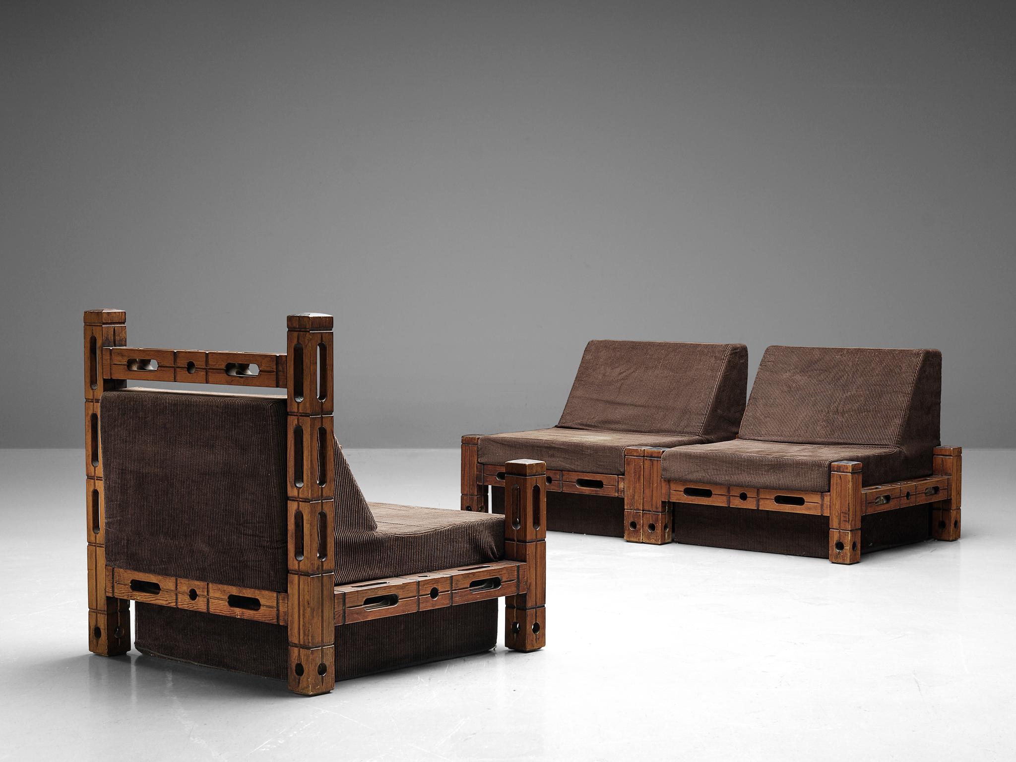 Set of Easy Chairs in Wood and Brown Fabric Upholstery 4