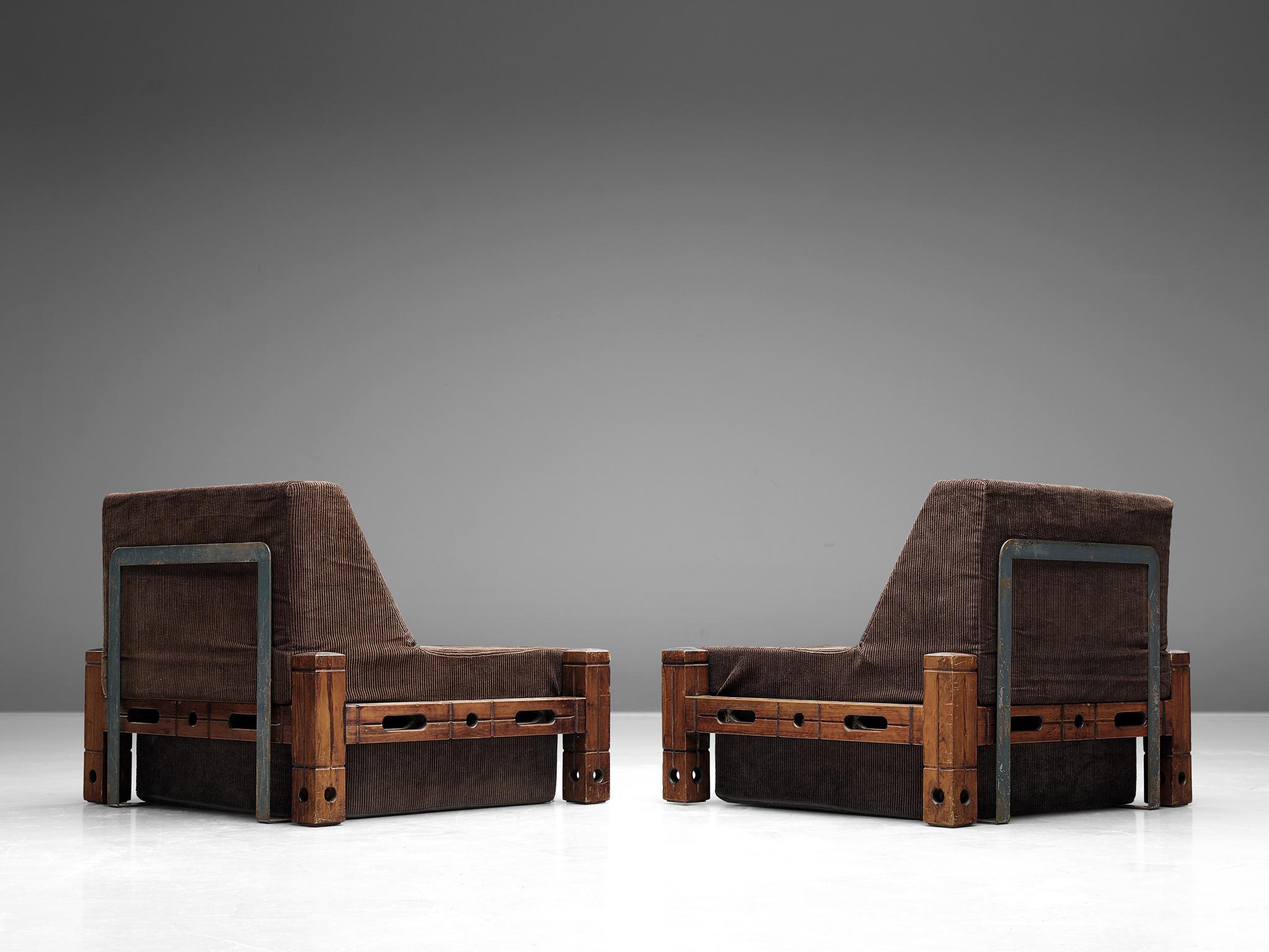 European Set of Easy Chairs in Wood and Brown Fabric Upholstery
