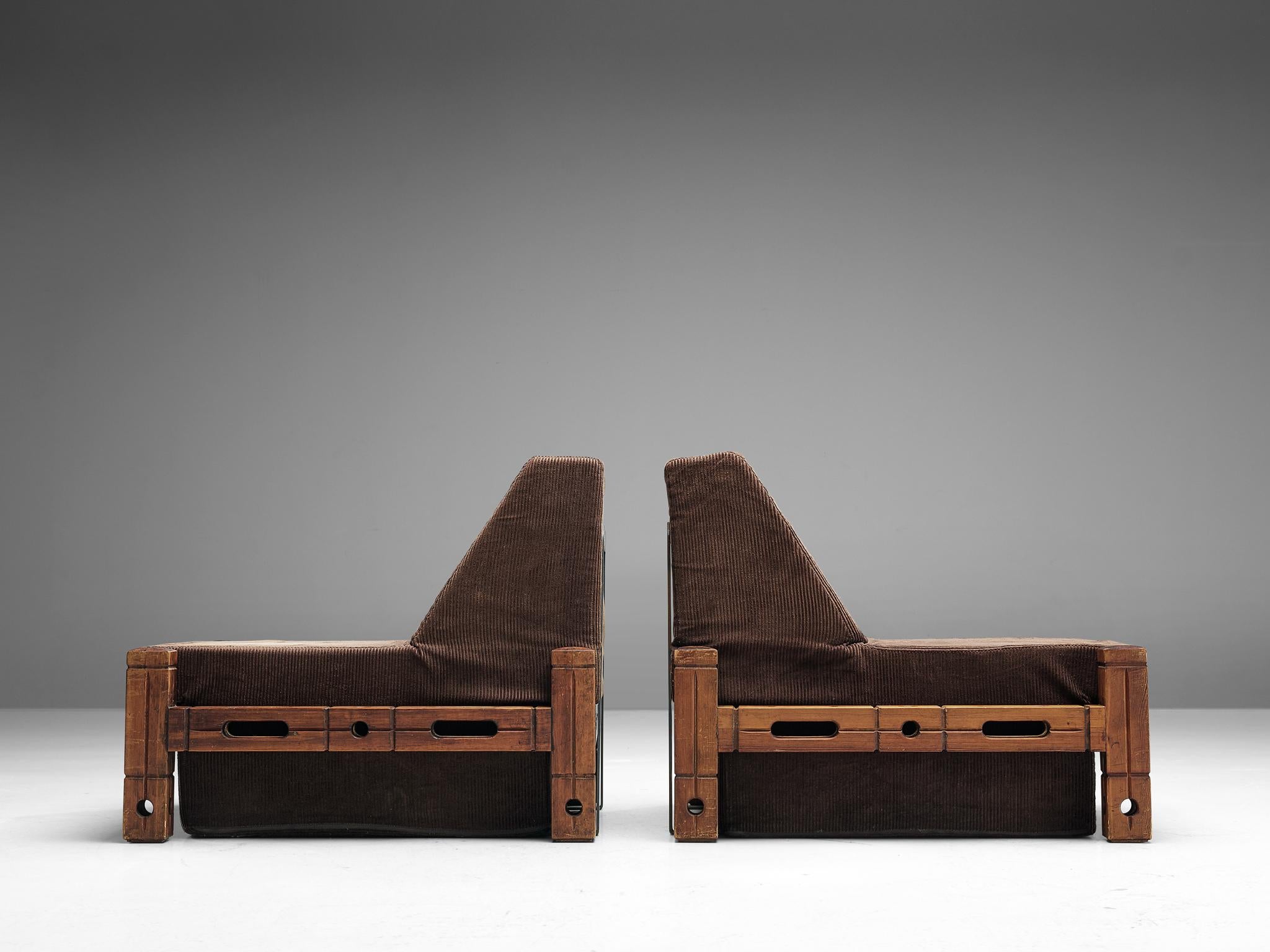 Set of Easy Chairs in Wood and Brown Fabric Upholstery In Good Condition In Waalwijk, NL