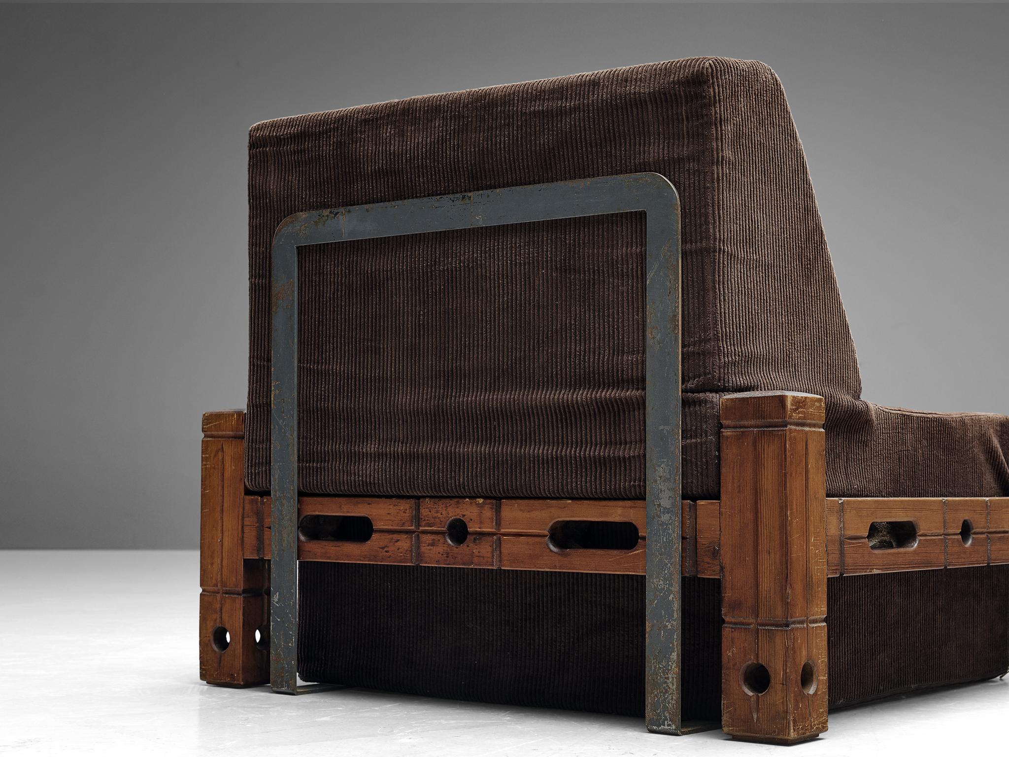 Set of Easy Chairs in Wood and Brown Fabric Upholstery 2