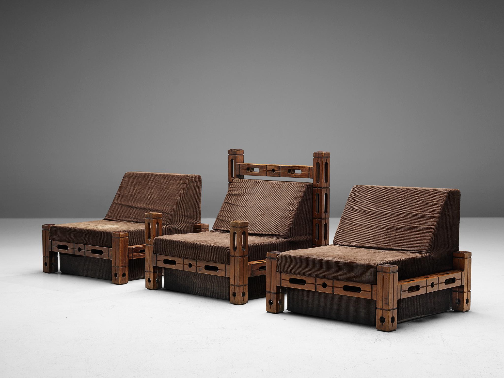 Set of Easy Chairs in Wood and Brown Fabric Upholstery 3