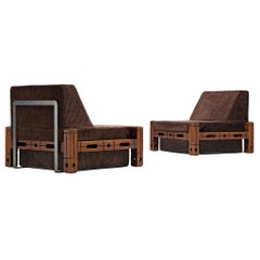 Set of Easy Chairs in Wood and Brown Fabric Upholstery