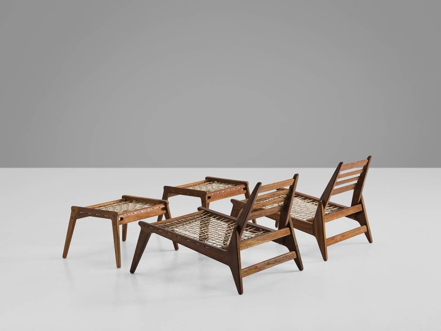 Mid-Century Modern Set of Easy Chairs with Ottomans in Oak, 1950s