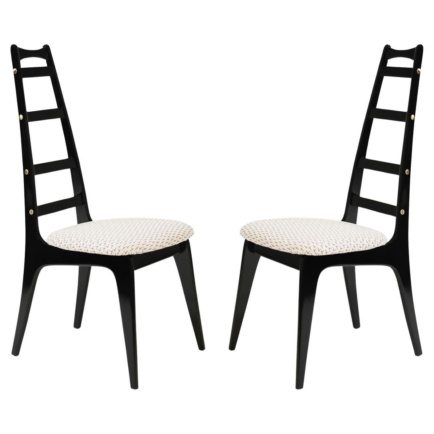 Set of Ebonized Ladder-Back Chairs w/ Brass Accents, C. 1950s