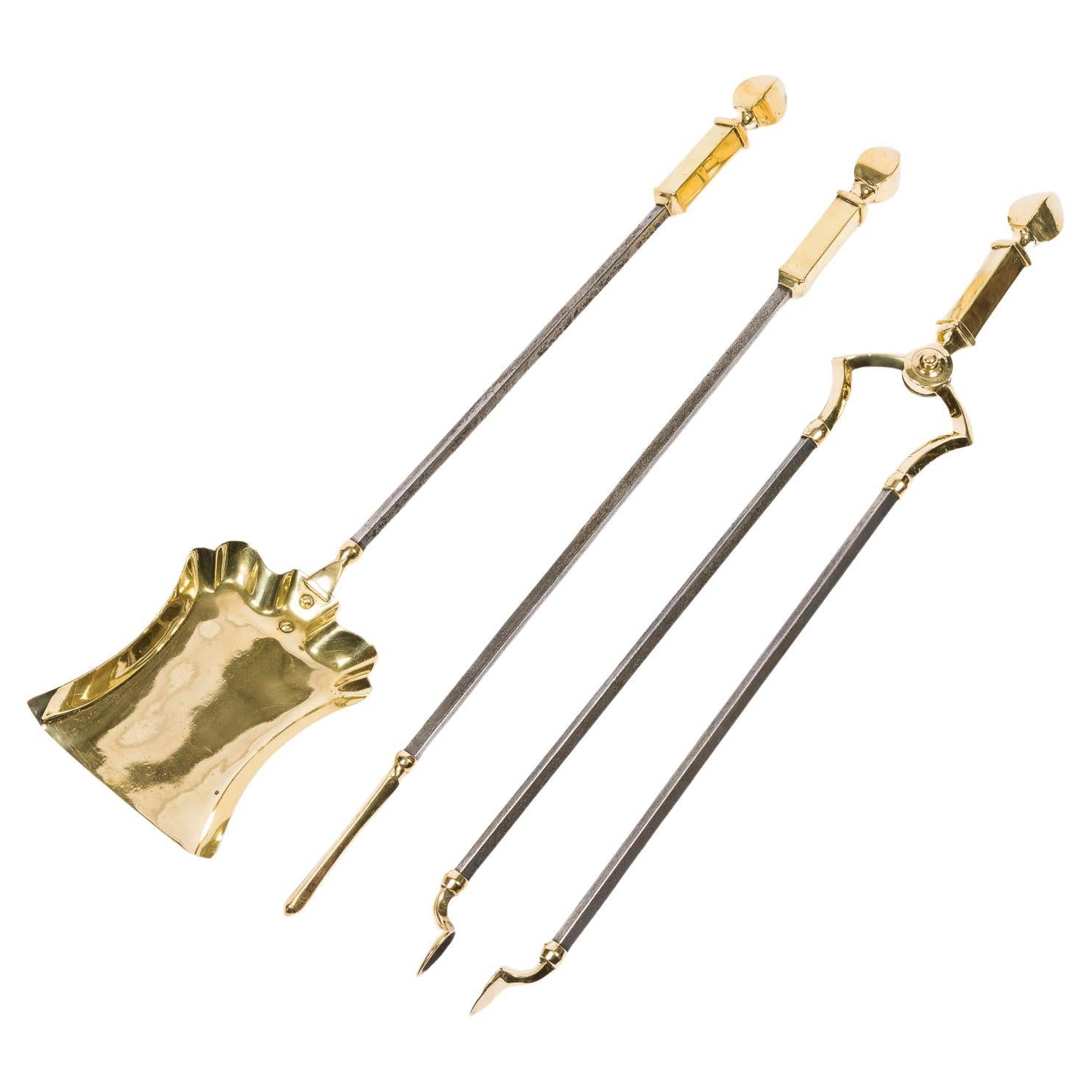 Set of Edwardian brass & steel fire irons For Sale