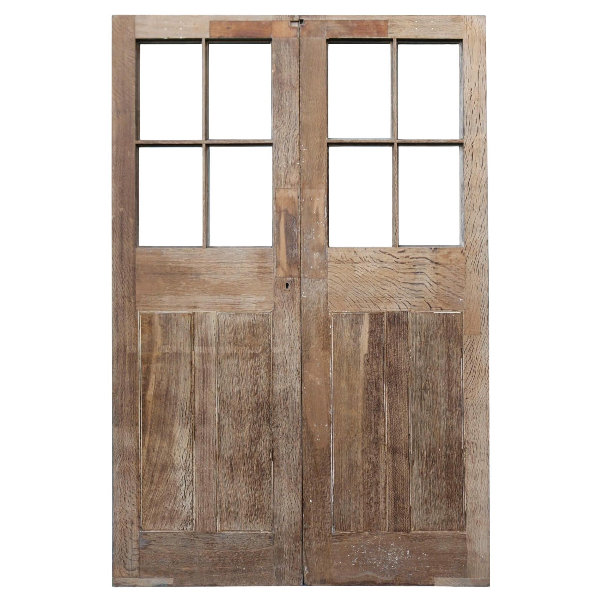 Set edwardianischer gestreifter Eichenholz-Doppeltüren für die Glasur