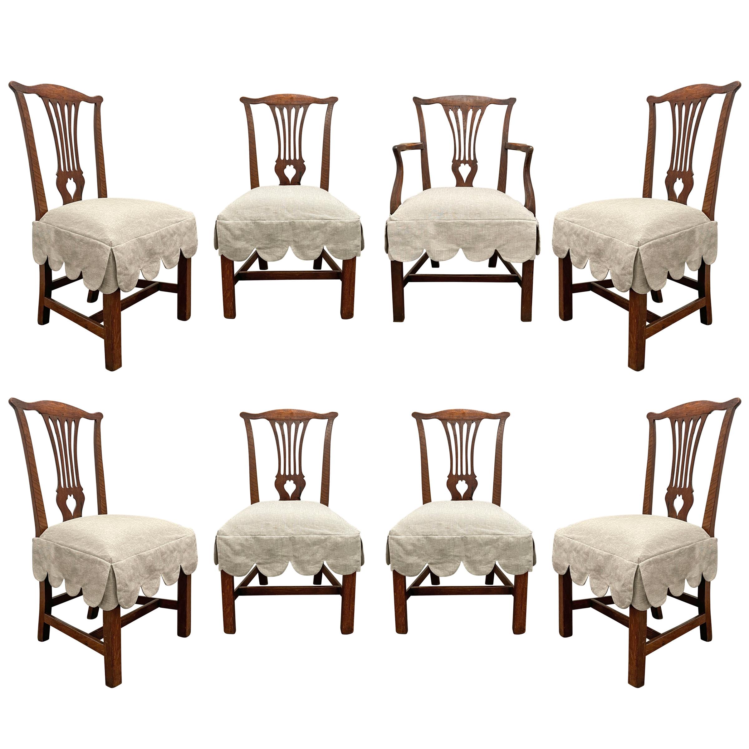 English Set of Eight 18th Century Chippendale Dining Chairs with Custom Slipcovers