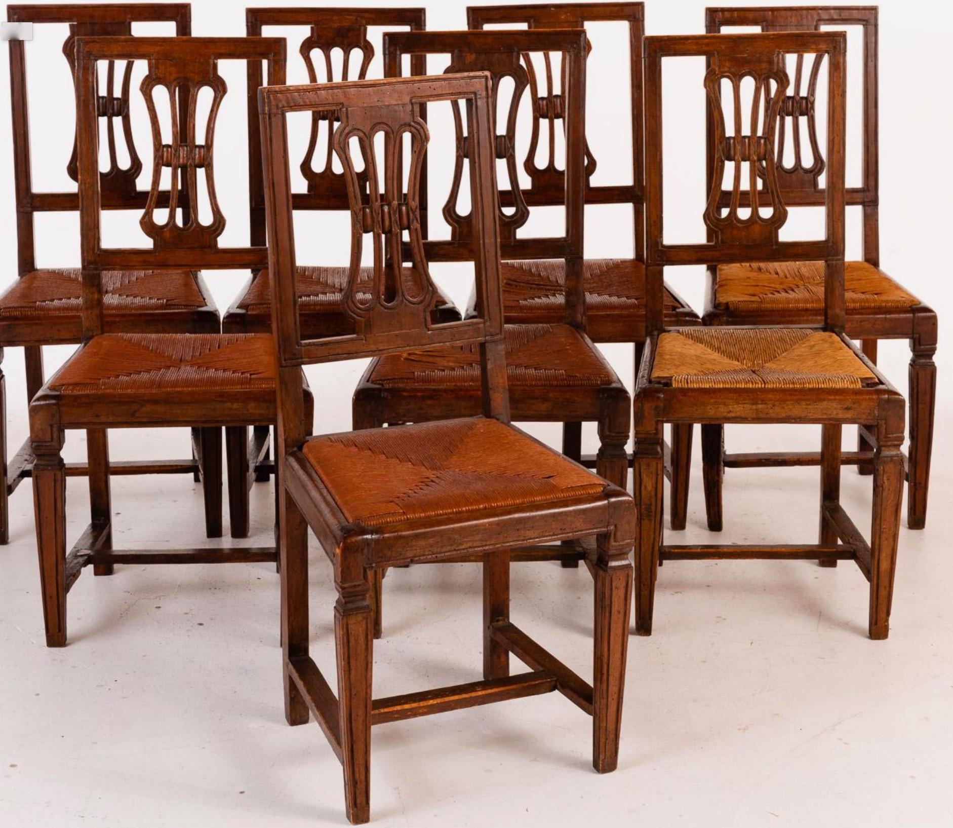 Set of 8 18th century Italian side chairs, walnut, with rush seats.
 