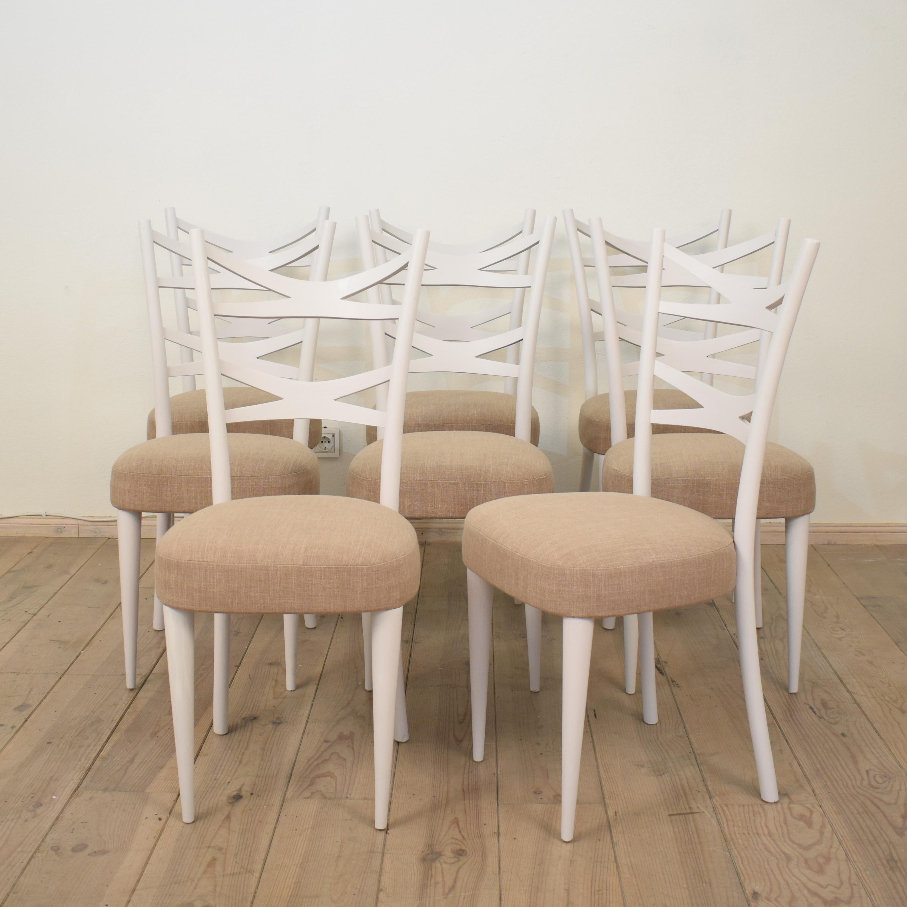 Hand-Painted Set of Eight Mid Century 1940s White Italian Dining Chairs Style Osvaldo Borsani