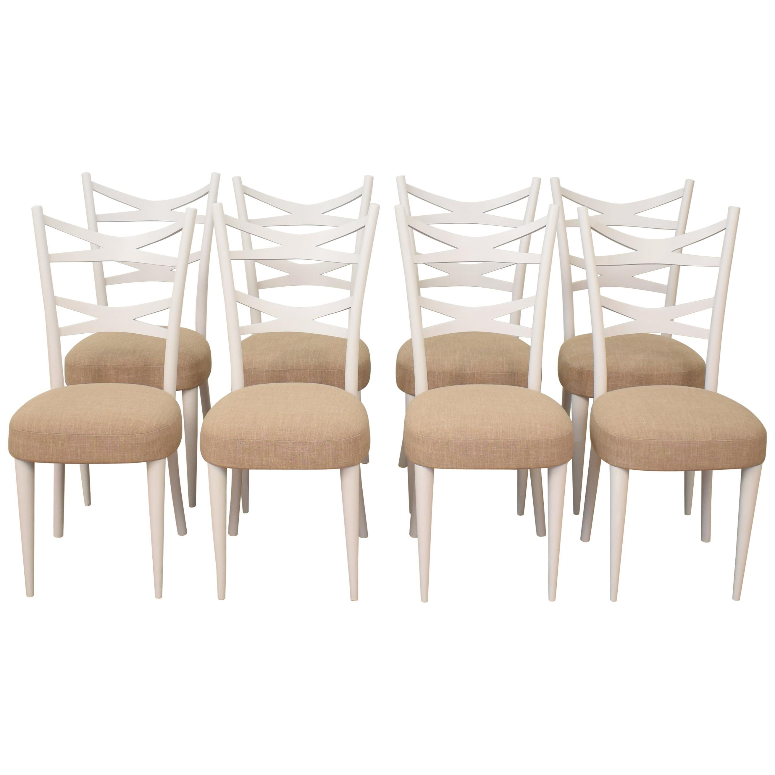 Set of Eight Mid Century 1940s White Italian Dining Chairs Style Osvaldo Borsani