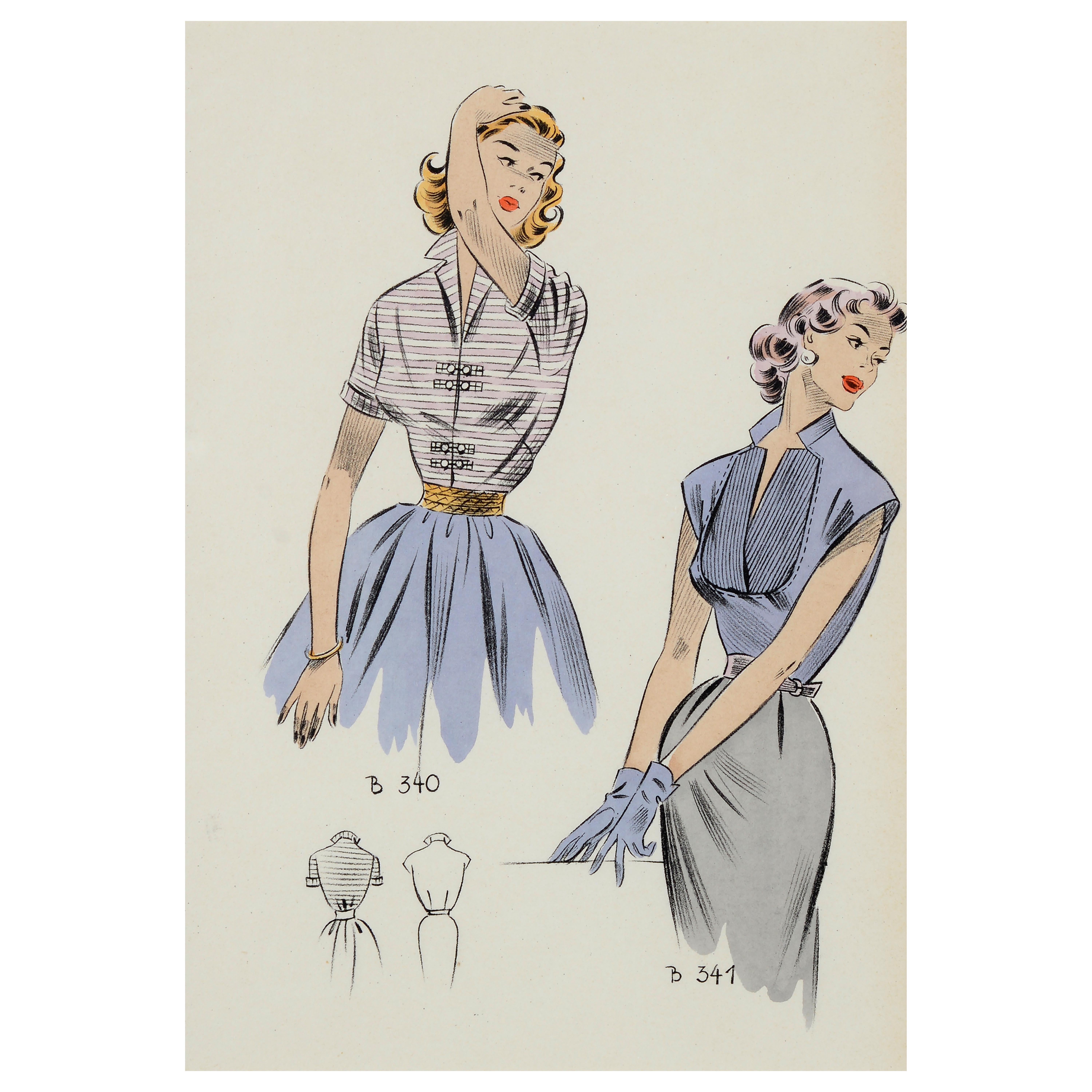 Set of eight 1950's vintage French fashion prints the Summer collection of 1954 For Sale 4