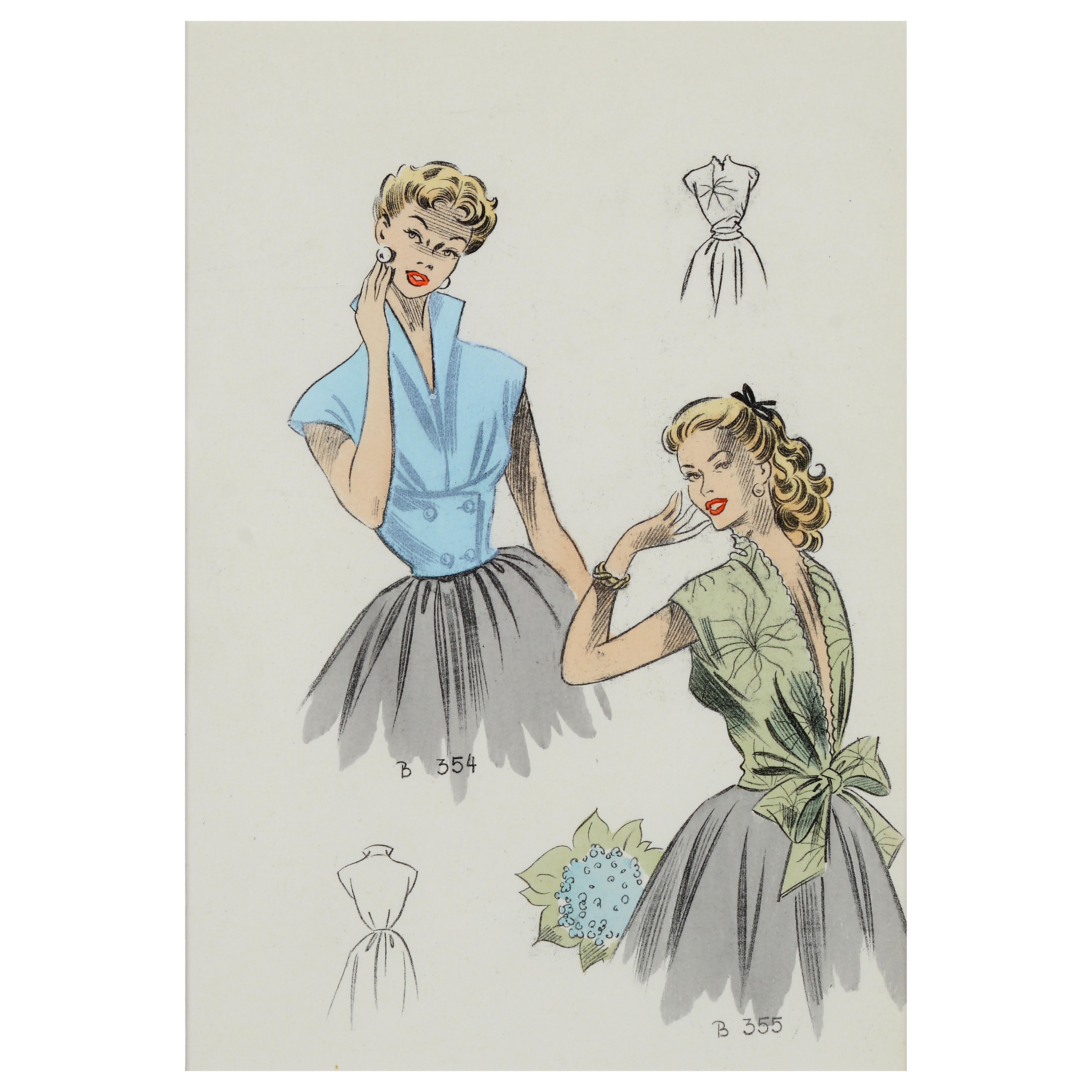 Set of eight 1950's vintage French fashion prints the Summer collection of 1954 For Sale 5