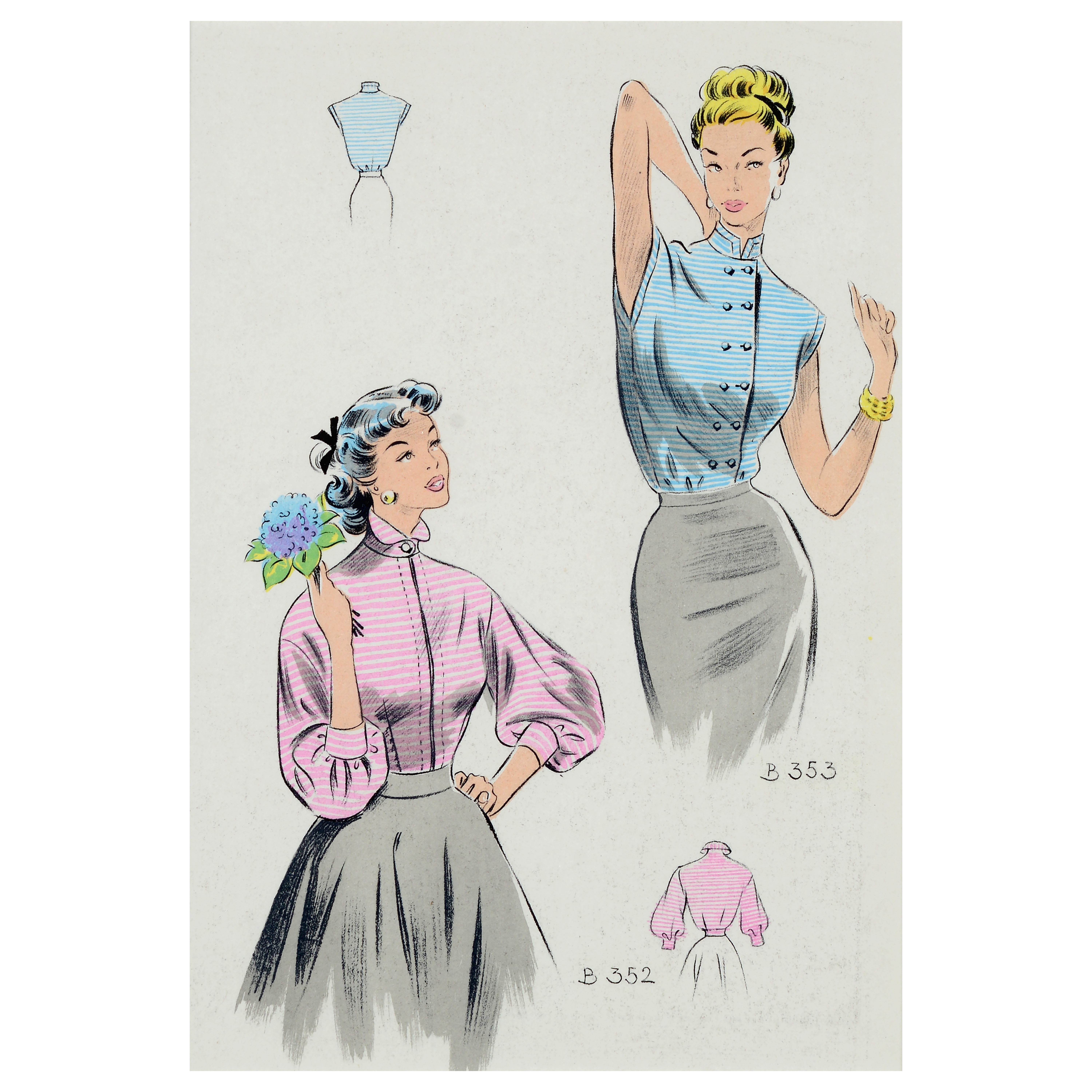 Set of eight 1950's vintage French fashion prints the Summer collection of 1954 For Sale 8