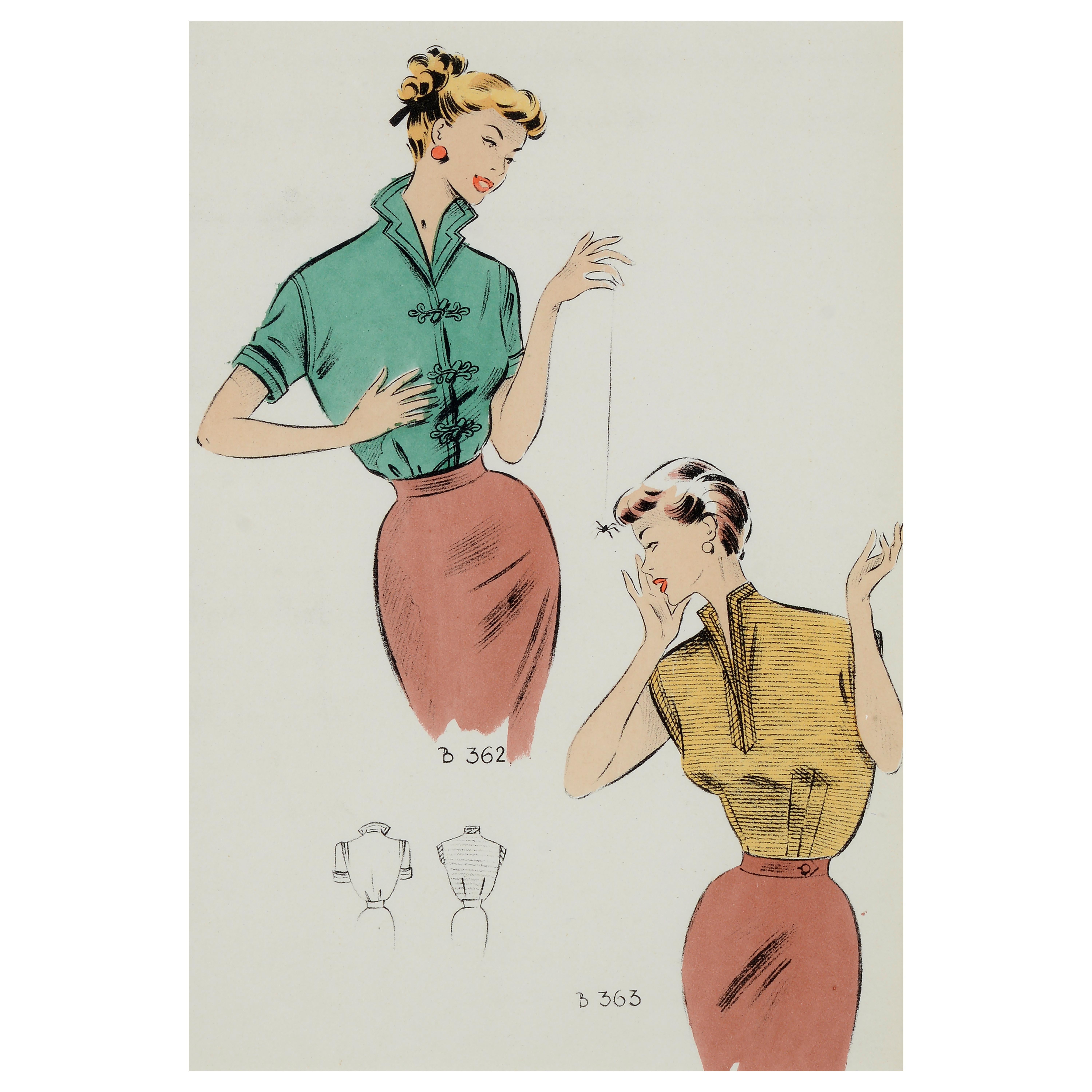 Set of eight 1950's vintage French fashion prints the Summer collection of 1954 For Sale 8